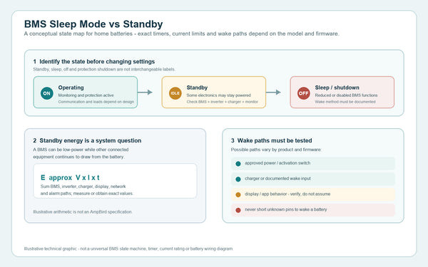 Conceptual diagram comparing BMS operating, standby and sleep or shutdown states with residual-load and wake-path checks