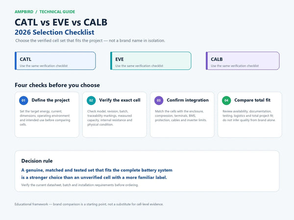 Neutral 2026 selection checklist for CATL, EVE and CALB LiFePO4 cells, showing project requirements, model and batch verification, measured condition and complete system fit