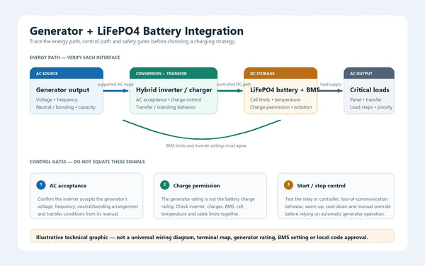 Technical system diagram showing generator AC input, hybrid inverter charger, LiFePO4 battery with BMS and critical loads with integration checks