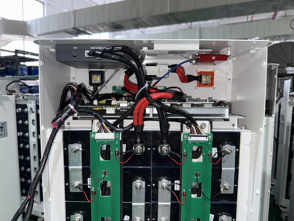 Real prismatic LiFePO4 cells with terminal hardware and metal interconnect bars inside an open battery enclosure