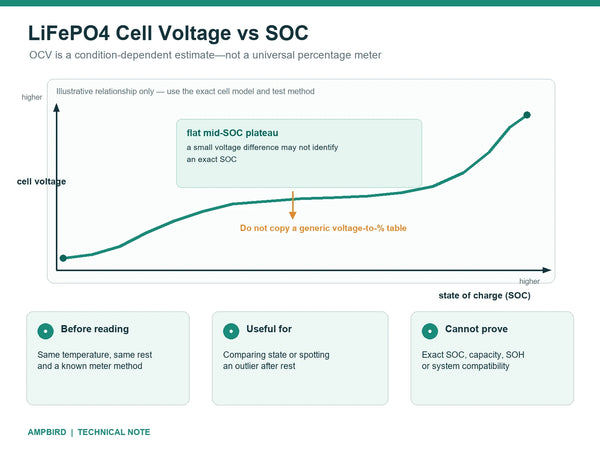 Illustrative LiFePO4 cell OCV versus SOC curve showing a flat mid-SOC plateau and why one voltage reading cannot prove an exact percentage
