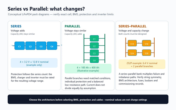 Conceptual LiFePO4 diagrams comparing series, parallel and series-parallel connections for voltage, capacity, BMS and protection decisions