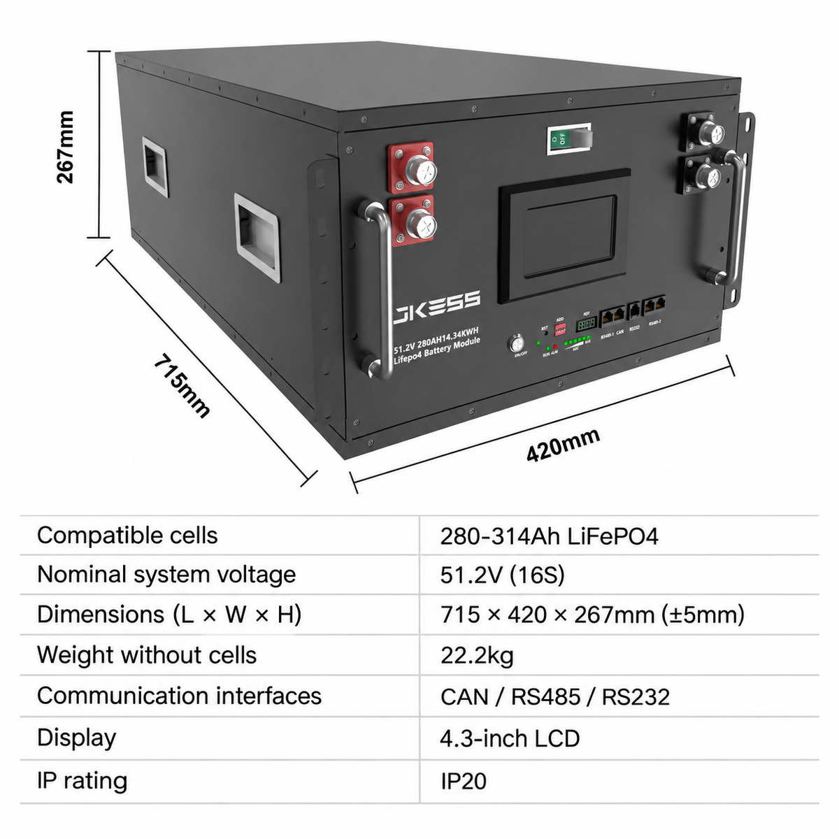 51.2V Stackable DIY Battery Box Kit for 280–314Ah Cells with JK 200A BMS