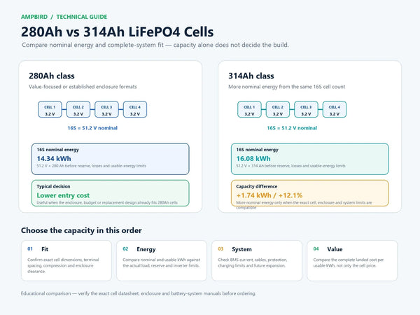 Technical comparison of 280Ah and 314Ah LiFePO4 cells in a 16S 51.2V battery build, showing nominal energy and the enclosure, BMS and system-fit checks that affect the choice