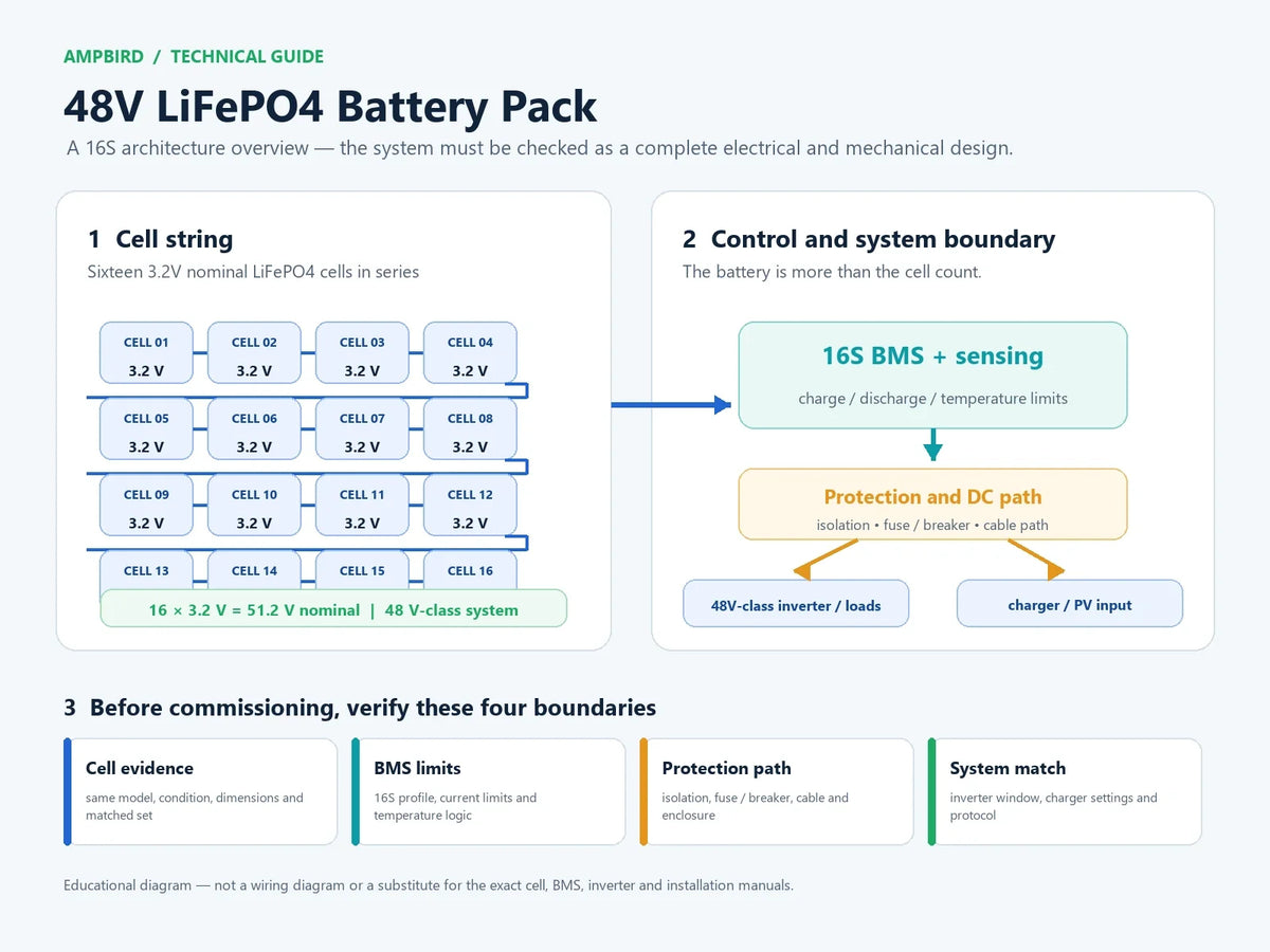 Technical diagram showing 16 LiFePO4 cells in series forming a 51.2V nominal 48V-class battery pack with a 16S BMS and system verification points