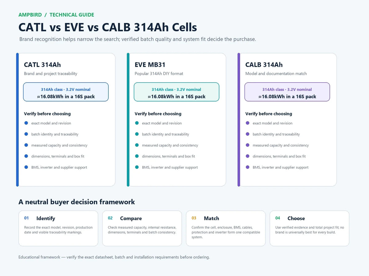 Technical comparison framework for CATL 314Ah, EVE MB31 and CALB 314Ah LiFePO4 cells, showing the exact model, batch, dimensions, traceability and system-fit checks required before choosing a brand