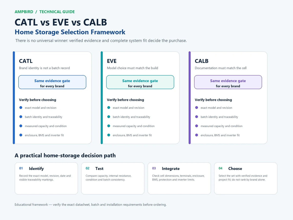Neutral home-storage decision framework comparing CATL, EVE and CALB LiFePO4 cells by model, batch, test evidence, mechanical fit and BMS/inverter compatibility