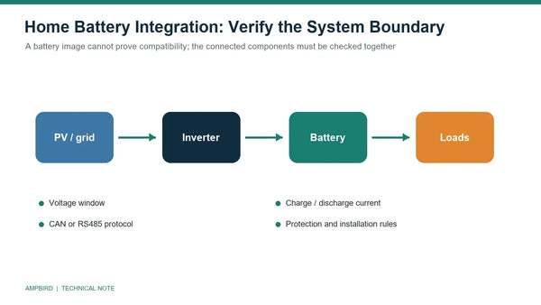 Technical current-limit checklist showing battery, charger, inverter and protection boundaries before selecting a LiFePO4 charge rate
