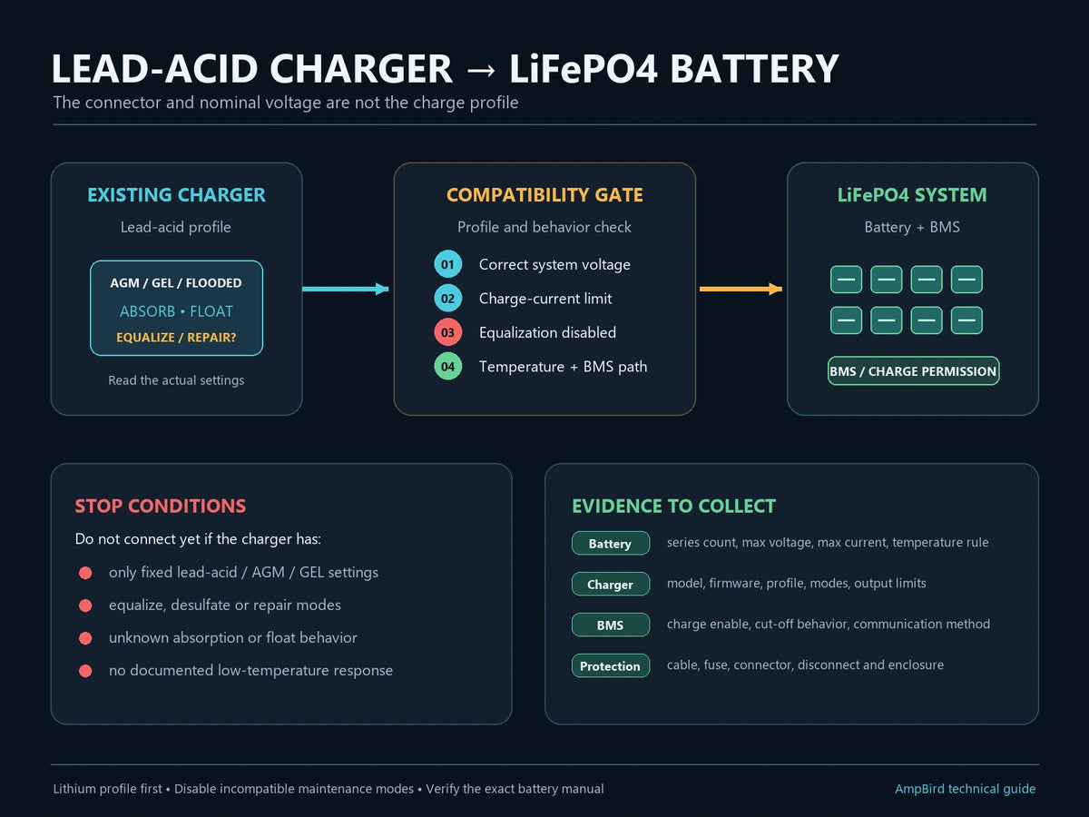 Technical decision diagram comparing a lead-acid charger profile with the voltage, equalization, temperature and BMS checks required for a LiFePO4 battery