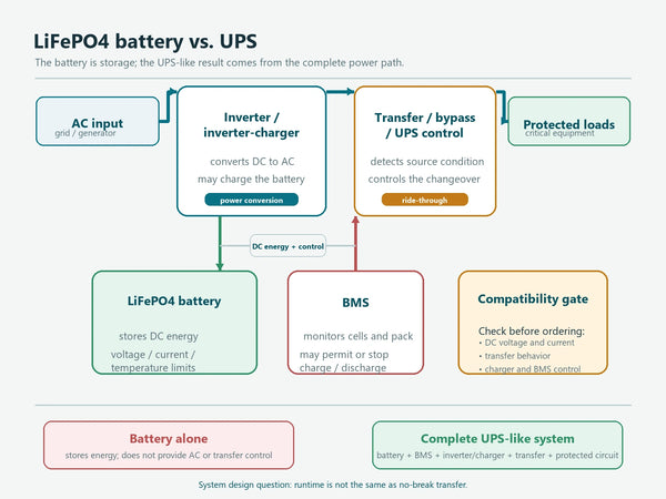 Technical system diagram showing a LiFePO4 battery connected through an inverter charger and transfer path before powering protected loads