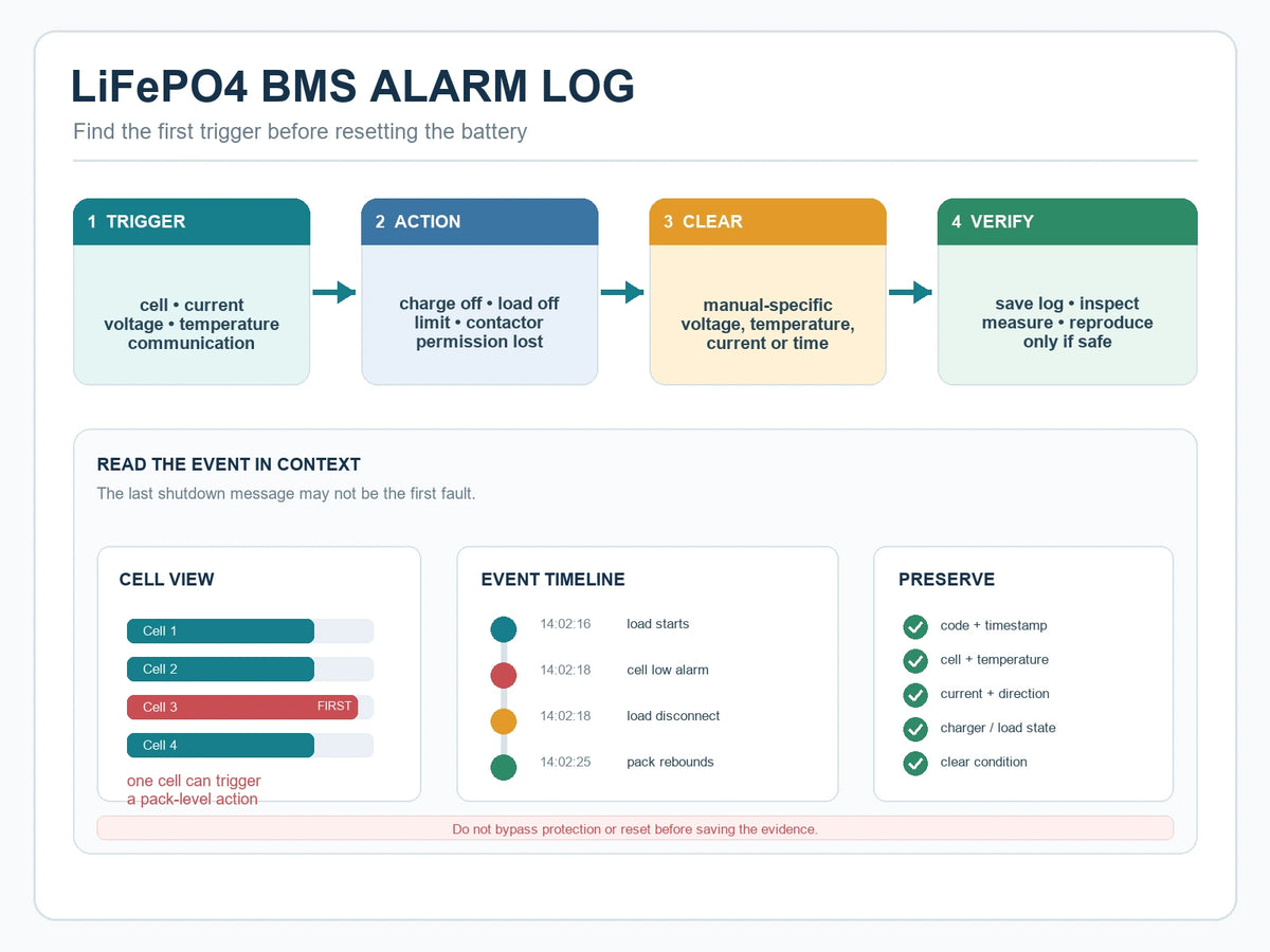 Technical LiFePO4 BMS alarm troubleshooting flow showing trigger, protection action, clear condition and verification record
