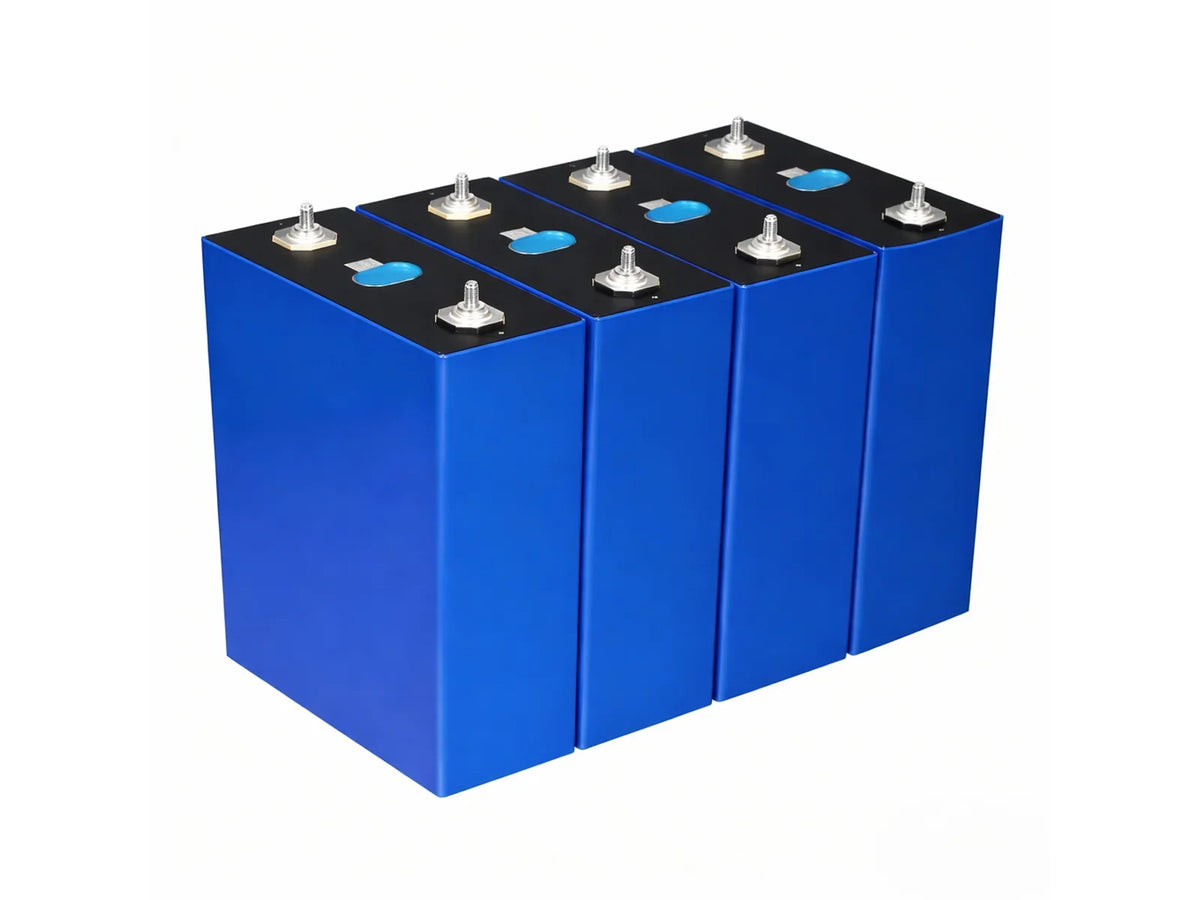 Four blue EVE MB31 314Ah prismatic LiFePO4 cells with threaded terminals