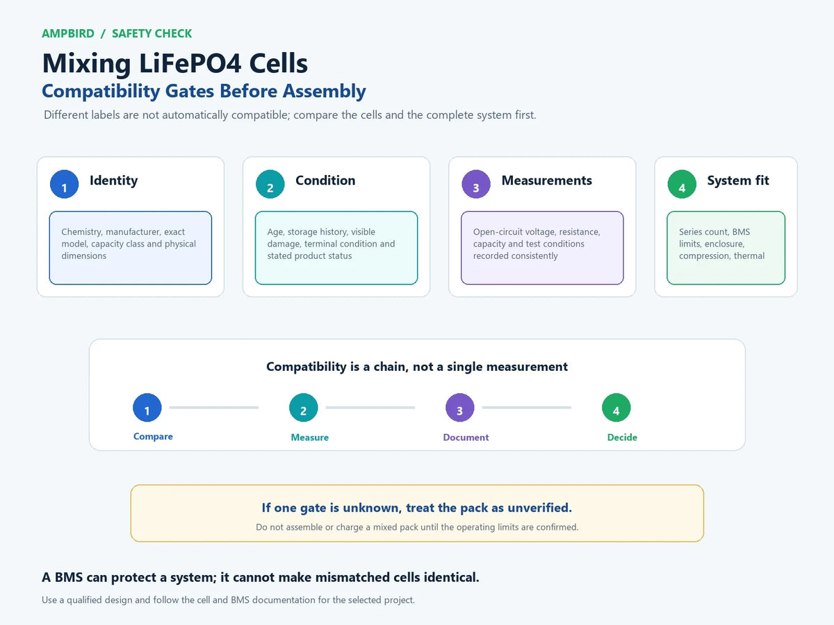 LiFePO4 cell compatibility gates covering identity, condition, measurements and complete system fit before mixing cells