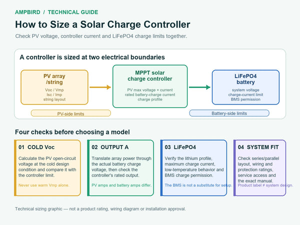 Technical diagram showing PV voltage and current checks between a solar array, MPPT charge controller and LiFePO4 battery