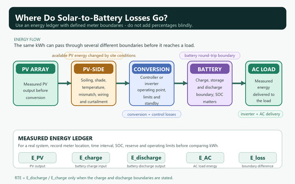 Technical energy-flow diagram showing solar PV energy moving through PV-side losses, charging, battery storage and inverter output to AC loads