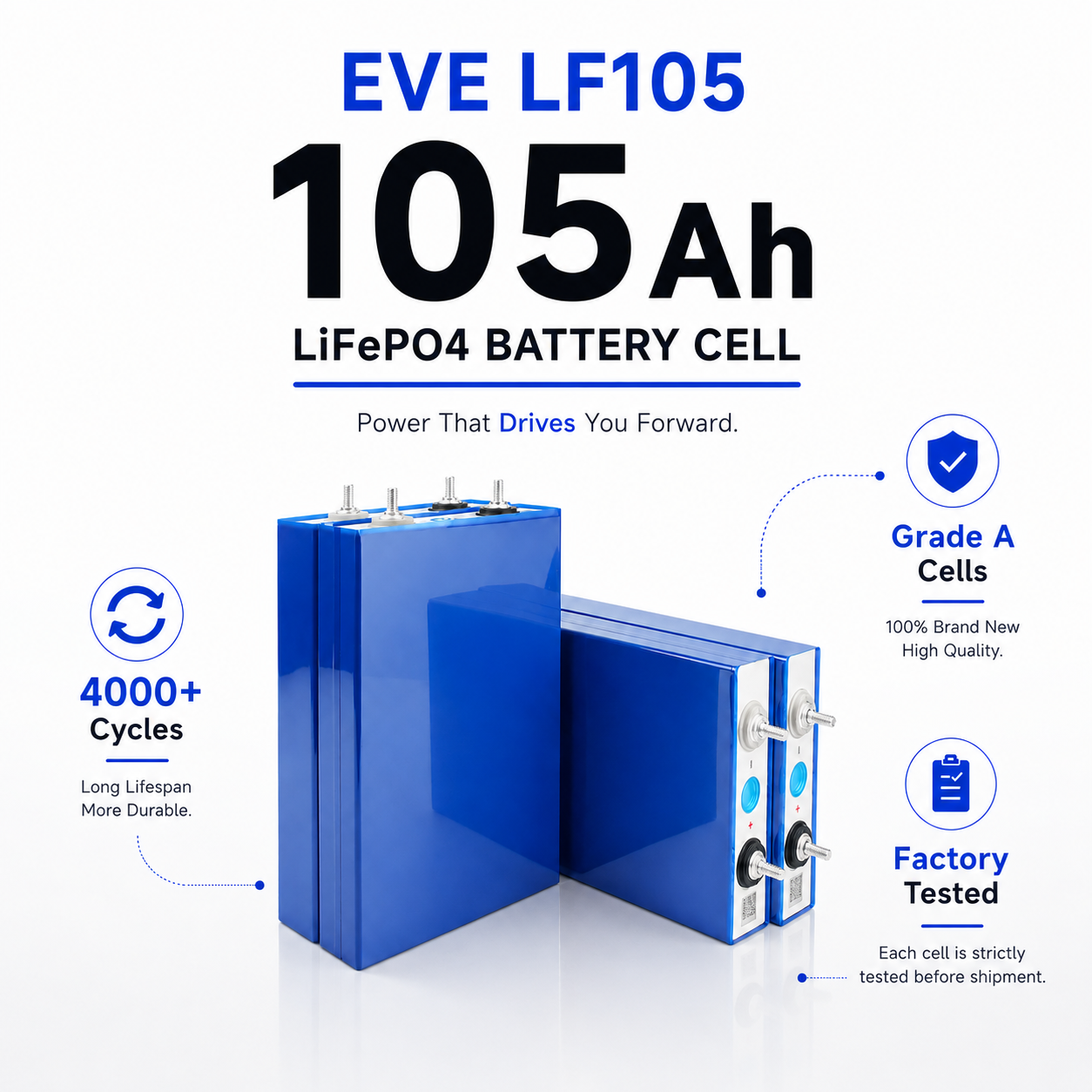 EVE LF105 105Ah 3.2V Grade A LiFePO4 Battery Rechargeable Prismatic Cell 4000+ Cycles