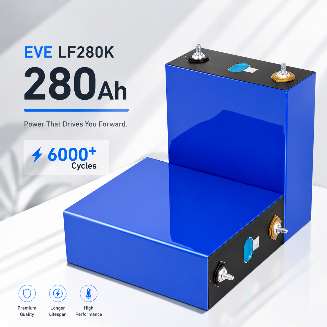 EVE LF280K 3.2V 280Ah LiFePO4 Battery Cell Grade A with Busbars 6000+ Cycles for DIY 12V 24V 48V Solar RV Marine Off-Grid Energy Storage