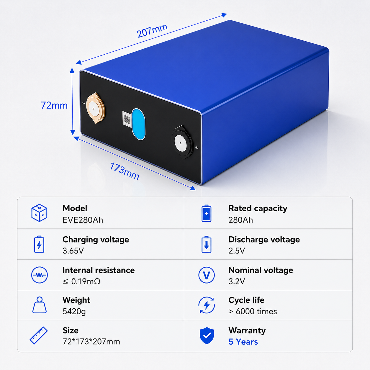 EVE LF280K 3.2V 280Ah LiFePO4 Battery Cell Grade A with Busbars 6000+ Cycles for DIY 12V 24V 48V Solar RV Marine Off-Grid Energy Storage