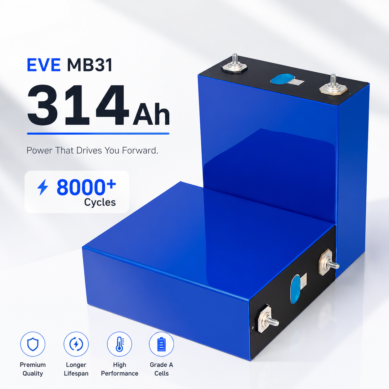 EVE MB31 314Ah 3.2V Grade A LiFePO4 Battery Cell 8000+ Cycles Best for Solar Storage ESS