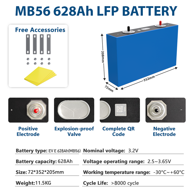 EVE MB56 628Ah 3.2V LiFePO4 Battery Grade A New Cell 2009Wh Large Capacity for EV RV Solar Home Energy Storage