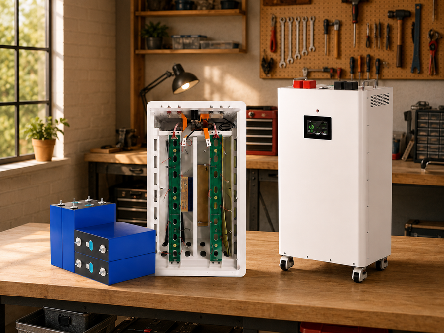 DIY LiFePO4 battery kit with enclosure and cells in a home workshop