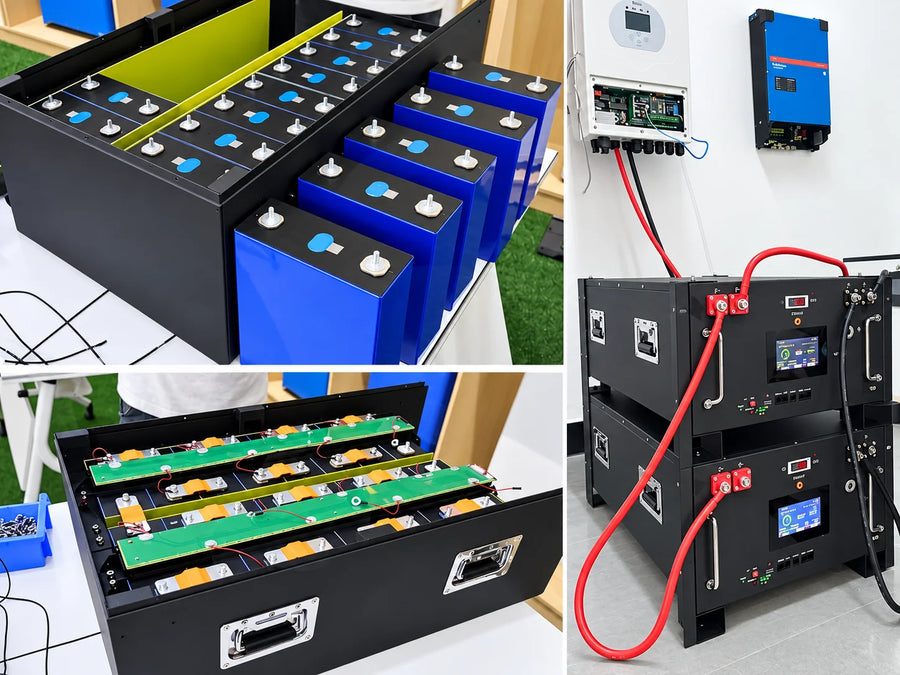DIY-LiFePO4-Batteriebausatz mit Gehäuse und Zellen in einer Heimwerkstatt