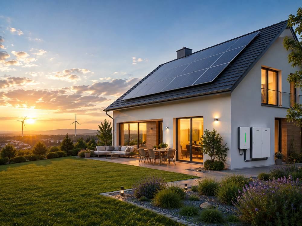 Modern European home with rooftop solar and energy storage